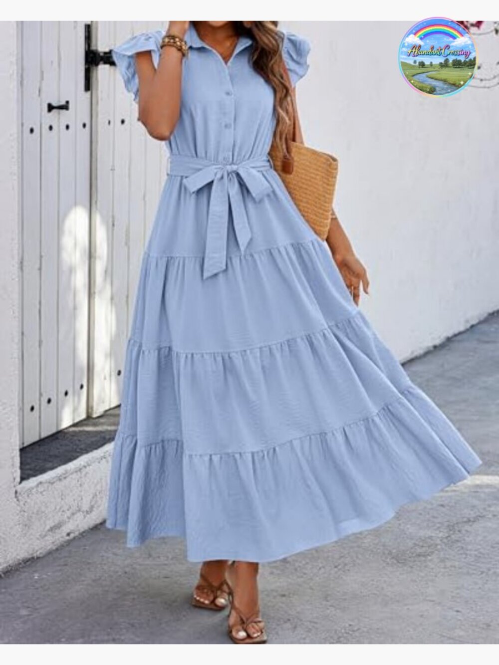 Cap Ruffle Sleeve V Neck Button Tiered Boho Maxi Dress with Pockets - Picture 4 of 7